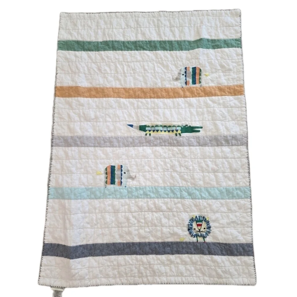 Pottery Barn Kids Colby Animal Baby Quilt Embroidered Alligator  Elephant Lion